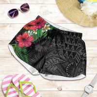 Hawaiian Tropical Plants Shorts for Women Kakau Tattoo and Polynesian Pattern Half Black Color
