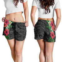 Hawaiian Tropical Plants Shorts for Women Kakau Tattoo and Polynesian Pattern Half Black Color