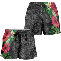 Hawaiian Tropical Plants Shorts for Women Kakau Tattoo and Polynesian Pattern Half Black Color