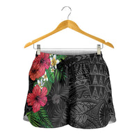 Hawaiian Tropical Plants Shorts for Women Kakau Tattoo and Polynesian Pattern Half Black Color