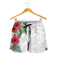 Hawaiian Tropical Plants Shorts for Women Kakau Tattoo and Polynesian Pattern Half Black White