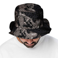 Hawaiian Tropical Plants Turtle and Shark Bucket Hat Polynesian Art Tattoo Grayscale Color LT03