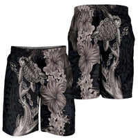 Hawaiian Tropical Plants Turtle and Shark Shorts for Men Polynesian Art Tattoo Grayscale Color - Polynesian Pride