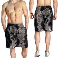 Hawaiian Tropical Plants Turtle and Shark Shorts for Men Polynesian Art Tattoo Grayscale Color - Polynesian Pride