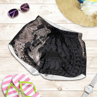 Hawaiian Tropical Plants Turtle and Shark Shorts for Women Polynesian Art Tattoo Grayscale Color - Polynesian Pride