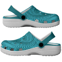 Hawaiian Turtle and Shark Clogs Shoes Kakau Tribal with Polynesian Pattern Turquoise Color