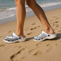 Hawaiian Turtle and Shark Clogs Shoes Kakau Tribal with Polynesian Pattern White Color