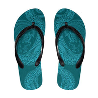 Hawaiian Turtle and Shark Flip Flops Kakau Tribal with Polynesian Pattern Turquoise Color