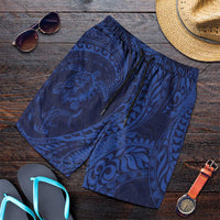 Hawaiian Turtle and Shark Shorts for Men Kakau Tribal with Polynesian Pattern Blue Color