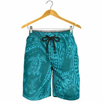 Hawaiian Turtle and Shark Shorts for Men Kakau Tribal with Polynesian Pattern Turquoise Color