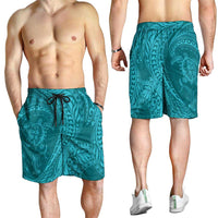Hawaiian Turtle and Shark Shorts for Men Kakau Tribal with Polynesian Pattern Turquoise Color