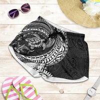 Hawaiian Turtle and Shark Shorts for Women Kakau Tribal with Polynesian Pattern Black Color