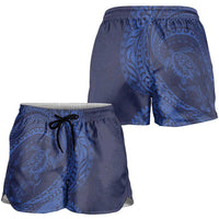Hawaiian Turtle and Shark Shorts for Women Kakau Tribal with Polynesian Pattern Blue Color