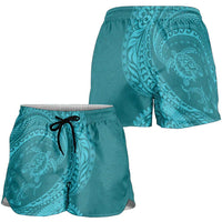 Hawaiian Turtle and Shark Shorts for Women Kakau Tribal with Polynesian Pattern Turquoise Color