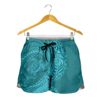 Hawaiian Turtle and Shark Shorts for Women Kakau Tribal with Polynesian Pattern Turquoise Color