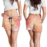 Hawaiian Turtles and Leis Shorts for Women Tribal Kakau Pattern Peach Fuzz Color
