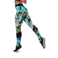 Japanese Hawaiian Crane Leggings Blue Tapa Patchwork Pattern LT9 Blue - Polynesian Pride