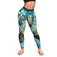 Japanese Hawaiian Crane Leggings Blue Tapa Patchwork Pattern LT9 - Polynesian Pride