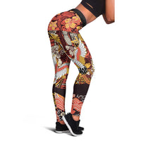 Japanese Hawaiian Crane Leggings Yellow Ochre Tapa Patchwork Pattern LT9 - Polynesian Pride