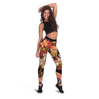 Japanese Hawaiian Crane Leggings Yellow Ochre Tapa Patchwork Pattern LT9 - Polynesian Pride