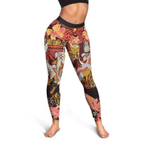 Japanese Hawaiian Crane Leggings Yellow Ochre Tapa Patchwork Pattern LT9 - Polynesian Pride