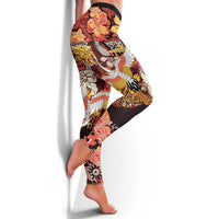Japanese Hawaiian Crane Leggings Yellow Ochre Tapa Patchwork Pattern LT9 - Polynesian Pride