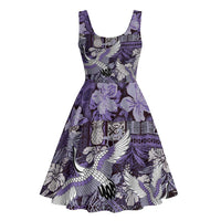 Japanese Hawaiian Crane Midi Dress Purple Tapa Patchwork Pattern LT9 - Polynesian Pride