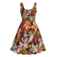 Japanese Hawaiian Crane Midi Dress Yellow Ochre Tapa Patchwork Pattern LT9 - Polynesian Pride