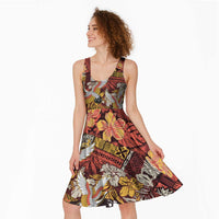 Japanese Hawaiian Crane Midi Dress Yellow Ochre Tapa Patchwork Pattern LT9 - Polynesian Pride