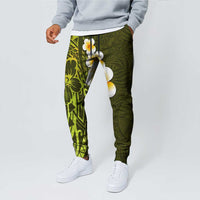 Lime Green Polynesia Jogger Pants Plumeria Tropical Leaves With Galaxy Polynesian Art - Polynesian Pride