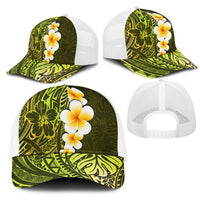 Lime Green Polynesia Mesh Trucker Cap Plumeria Tropical Leaves With Galaxy Polynesian Art - Polynesian Pride