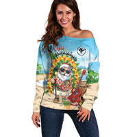 Personalized Hawaii Golf Christmas Off Shoulder Sweater Mele Kalikimaka Funny Golfer Santa LT01 Women Blue - Polynesian Pride