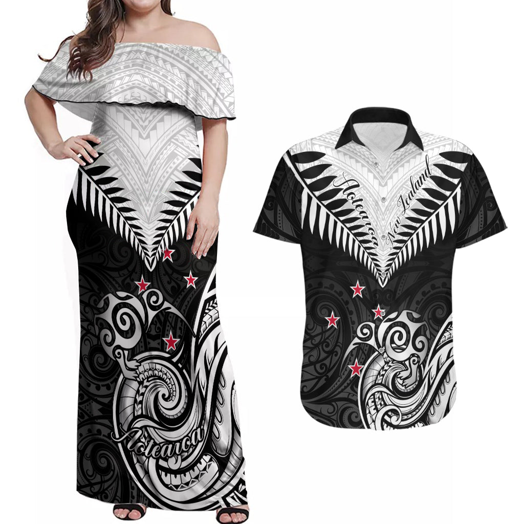 New Zealand Couples Matching Off Shoulder Maxi Dress and Hawaiian Shirt Aotearoa Maori Kiwi Black Fern LT01 Black - Polynesian Pride
