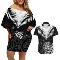 New Zealand Couples Matching Off Shoulder Short Dress and Hawaiian Shirt Aotearoa Maori Kiwi Black Fern LT01 Black - Polynesian Pride