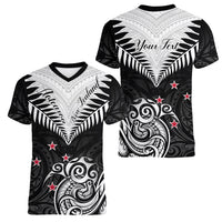 Personalised New Zealand Women V Neck T Shirt Aotearoa Maori Kiwi Black Fern LT01 - Polynesian Pride
