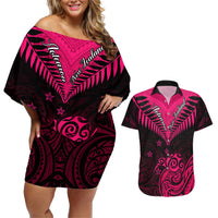 Personalised Aotearoa Couples Matching Off Shoulder Short Dress and Hawaiian Shirt Maori Kiwi Pink Fern LT01 Pink - Polynesian Pride