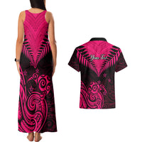 Personalised Aotearoa Couples Matching Tank Maxi Dress And Hawaiian Shirt Maori Kiwi Pink Fern LT01 - Polynesian Pride