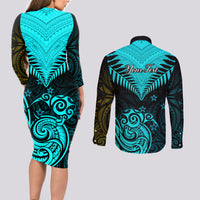 Personalised Aotearoa Couples Matching Long Sleeve Bodycon Dress and Long Sleeve Button Shirts Maori Kiwi Turquoise Fern LT01 - Polynesian Pride