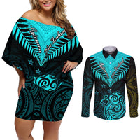 Personalised Aotearoa Couples Matching Off Shoulder Short Dress and Long Sleeve Button Shirts Maori Kiwi Turquoise Fern LT01 Turquoise - Polynesian Pride