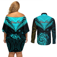 Personalised Aotearoa Couples Matching Off Shoulder Short Dress and Long Sleeve Button Shirts Maori Kiwi Turquoise Fern LT01 - Polynesian Pride