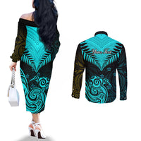Personalised Aotearoa Couples Matching Off The Shoulder Long Sleeve Dress and Long Sleeve Button Shirts Maori Kiwi Turquoise Fern LT01 - Polynesian Pride