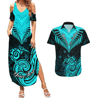 Personalised Aotearoa Couples Matching Summer Maxi Dress and Hawaiian Shirt Maori Kiwi Turquoise Fern LT01 Turquoise - Polynesian Pride
