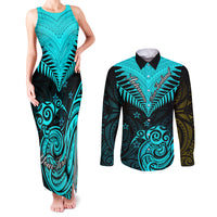 Personalised Aotearoa Couples Matching Tank Maxi Dress and Long Sleeve Button Shirts Maori Kiwi Turquoise Fern LT01 Turquoise - Polynesian Pride