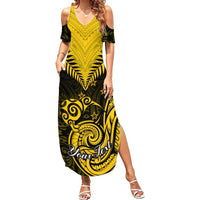 Personalised Aotearoa Summer Maxi Dress Maori Kiwi Yellow Fern LT01 Women Yellow - Polynesian Pride