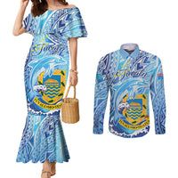 Tuvalu mo te Atua Couples Matching Mermaid Dress and Long Sleeve Button Shirt Tuvalu Dolphin Polynesian Pattern LT01 Blue - Polynesian Pride