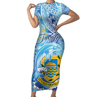 Tuvalu mo te Atua Short Sleeve Bodycon Dress Tuvalu Dolphin Polynesian Pattern LT01 Long Dress Blue - Polynesian Pride