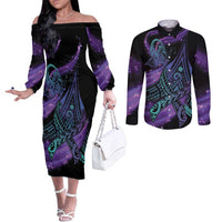 In September We Wear Teal And Purple Couples Matching Off The Shoulder Long Sleeve Dress and Long Sleeve Button Shirt Magic Ribbon Semicolon