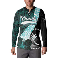 Chuuk Constitution Day Button Sweatshirt Hibiscus Turquoise Pattern LT01 - Polynesian Pride