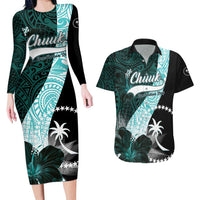 Chuuk Constitution Day Couples Matching Long Sleeve Bodycon Dress and Hawaiian Shirt Hibiscus Turquoise Pattern LT01 Turquoise - Polynesian Pride