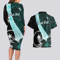Chuuk Constitution Day Couples Matching Long Sleeve Bodycon Dress and Hawaiian Shirt Hibiscus Turquoise Pattern LT01 - Polynesian Pride
